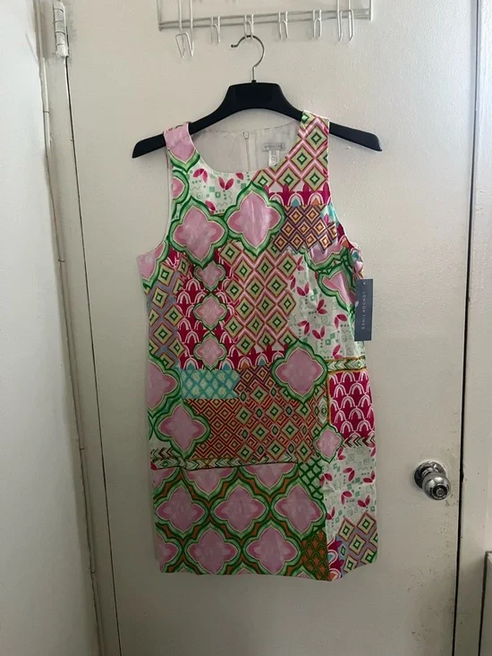 London Times Pink Green Multi-Pattern Sleeveless Shift Dress - Picture 1 of 4